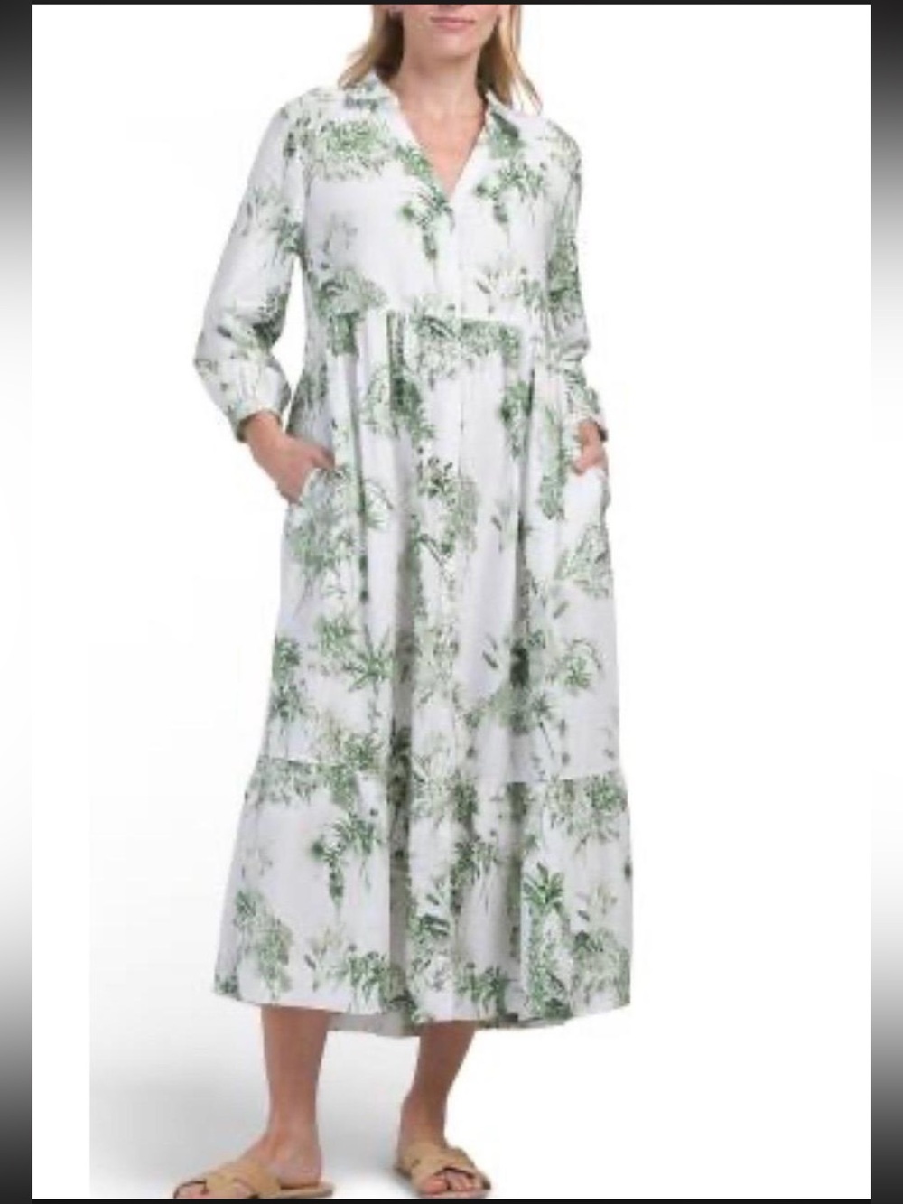 Rachel Zoe Linen long sleeve tiered maxi shirt dress leaf print size XS like new